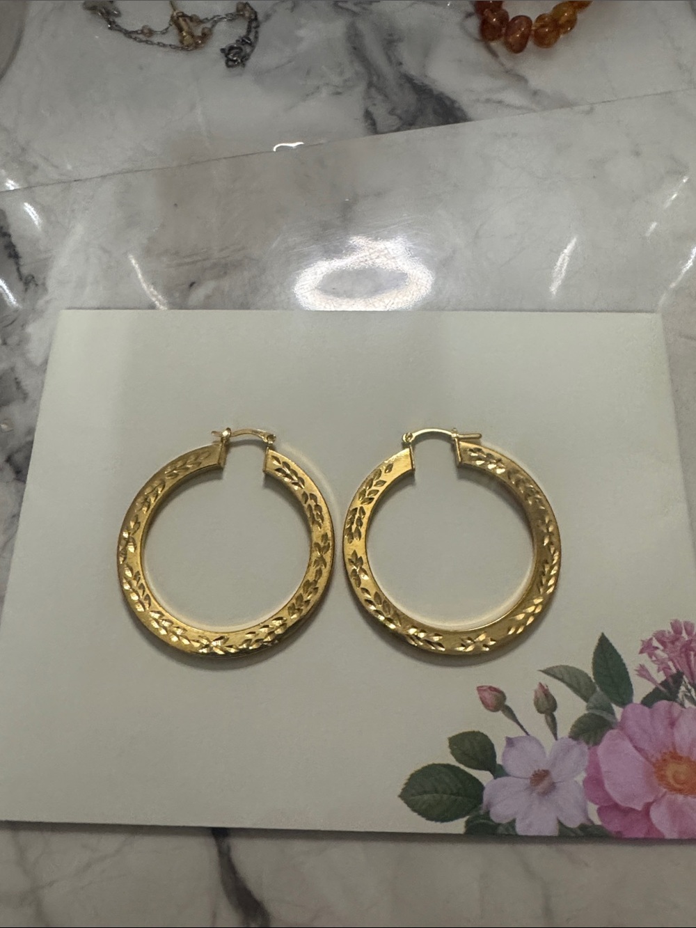 Floral-Engraved Gold Hoop Earrings for Women